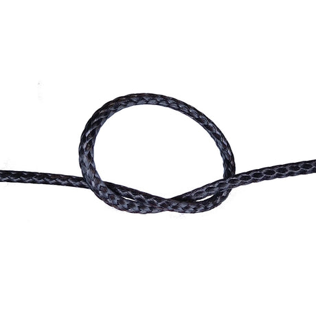 Close-up of a knotted black compact braid rope on a white background