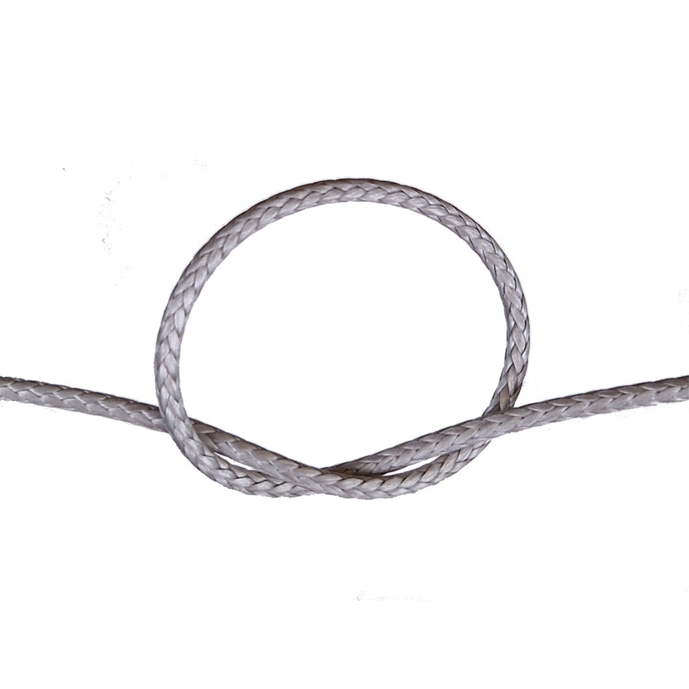 Close-up of a knotted gery compact braid rope on a white background