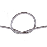 Close-up of a knotted gery compact braid rope on a white background