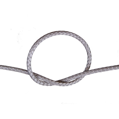 Close-up of a knotted gery compact braid rope on a white background