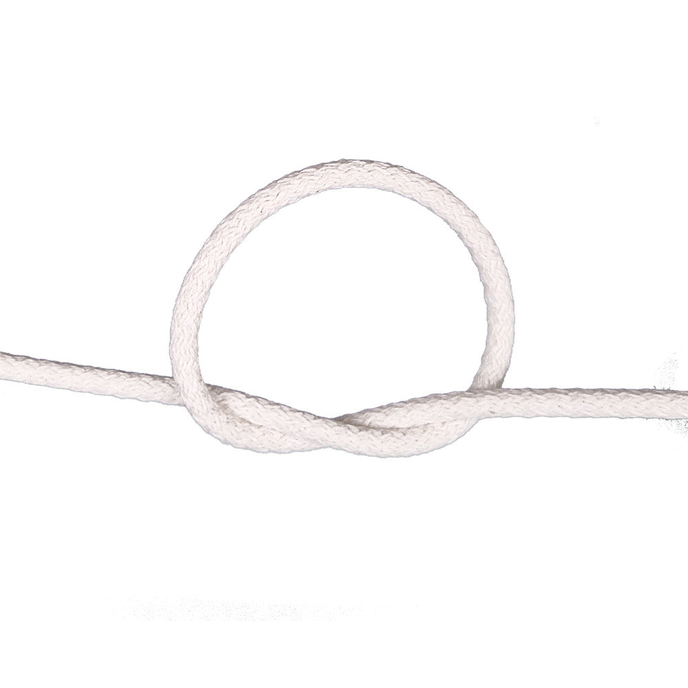 Close-up of a white braided cord with a knot on a white background