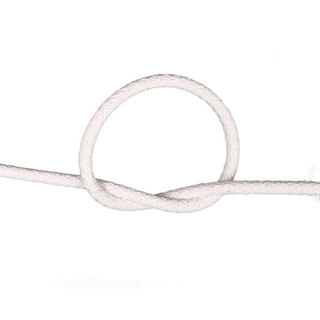 Close-up of a white braided cord with a knot on a white background