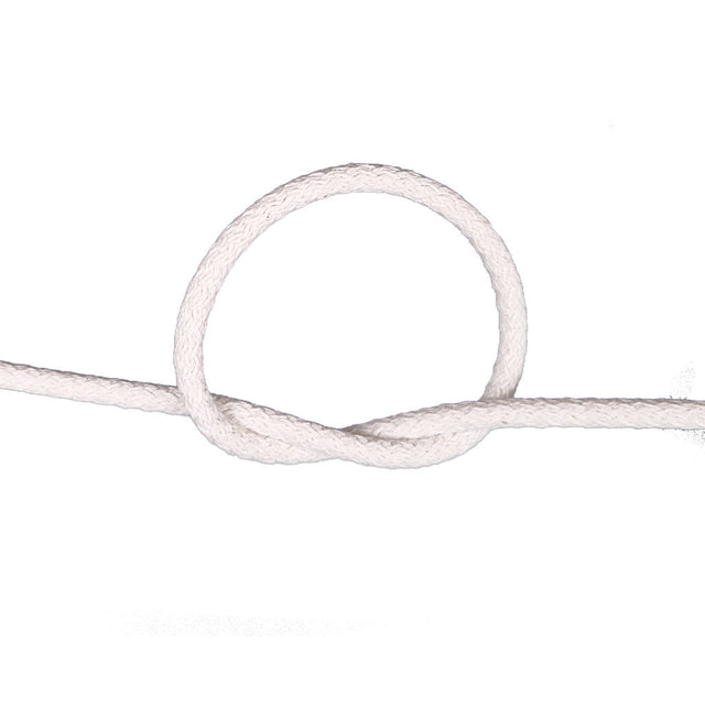 Close-up of a white braided cord with a knot on a white background