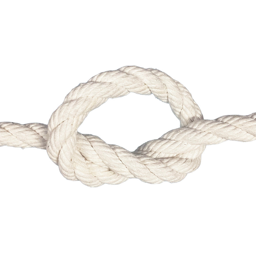 close-up of a natural white 16mm cotton rope in a knot with a white background