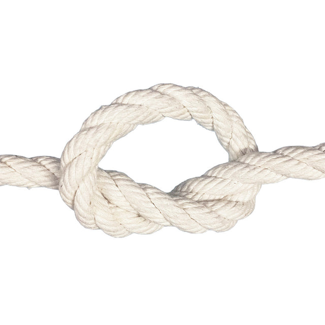 close-up of a natural white 16mm cotton rope in a knot with a white background