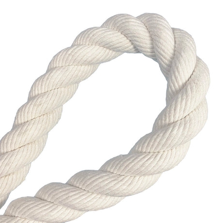 close-up of a natural white 32mm cotton rope in a knot with a white background