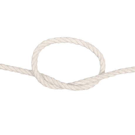 A close-up of a white twisted rope tied in a loop knot, shown against a solid white background.