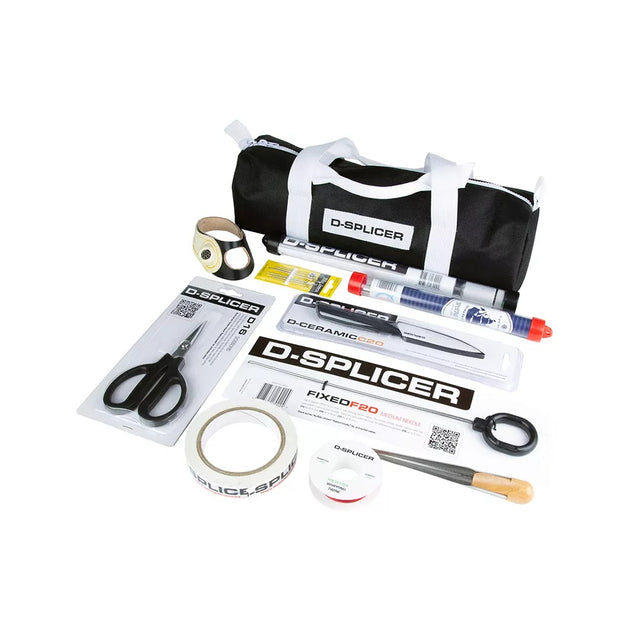 D-Splicer kit with a black and white carrying bag, scissors, tape, adhesive tools, and other splicing accessories arranged on a white background.