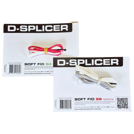 Two D-Splicer Soft Fid boxes on a white background, one showing a red and white strap with a yellow band and the other showing a silver and white strap with a tan band.
