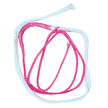 A coiled set of braided rope cords, featuring a bright pink braided inner layer and a white braided outer layer, isolated on a white background.