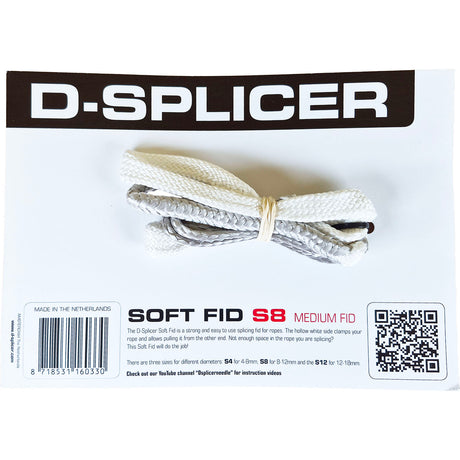 D-Splicer Soft Fid S8 Medium Fid rope packaging on a white background, showing the coiled beige and gray rope with a tan tie, plus printed product info and a QR code.