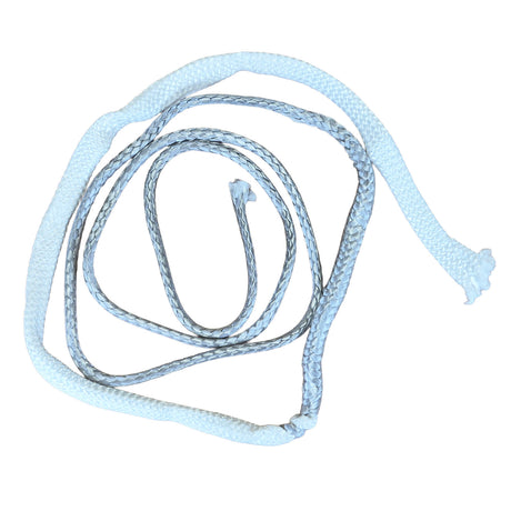 A coiled light grey and white braided rope on a plain white background.