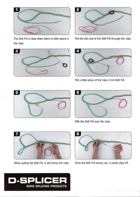 An 8-step instructional diagram showing how to splice rope using the D-Splicer tool, with numbered panels, small photos of hands performing steps, and a black brand banner at the bottom reading 'D-SPLICER ROPE SPlicing PRODUCTS'.