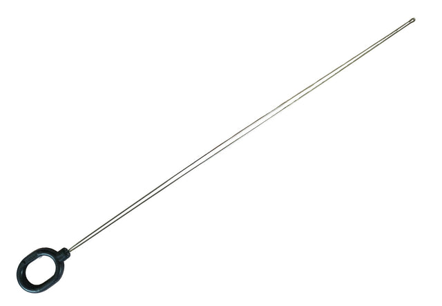 Long metal splicing rod with a black ring handle on a white background