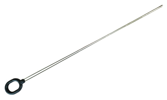 Long metal splicing rod with a black handle on a white background