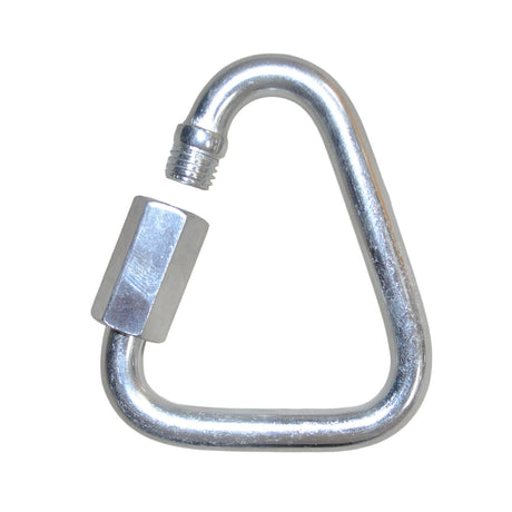A galvanized steel triangular carabiner-style hardware piece with a threaded hex nut, shown on a plain white background.