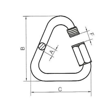 A black and white technical line drawing of a triangular quick link with dimension labels A, B, C, and F indicating measurements.