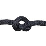 Close-up of a knot of black braided rope on a white background