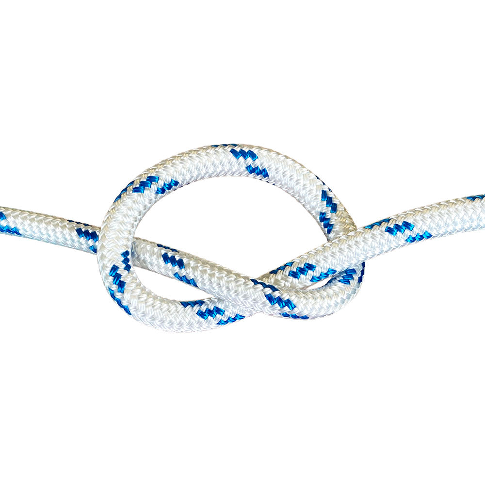Close-up of white polyester rope with blue accents tied in a knot on a white background