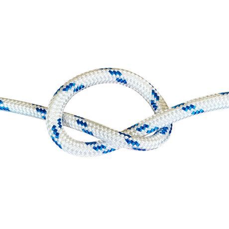 Close-up of white polyester rope with blue accents tied in a knot on a white background