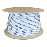 Spool of white rope with blue pattern on a cardboard reel