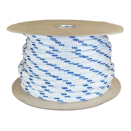 Spool of white rope with blue pattern on a cardboard reel