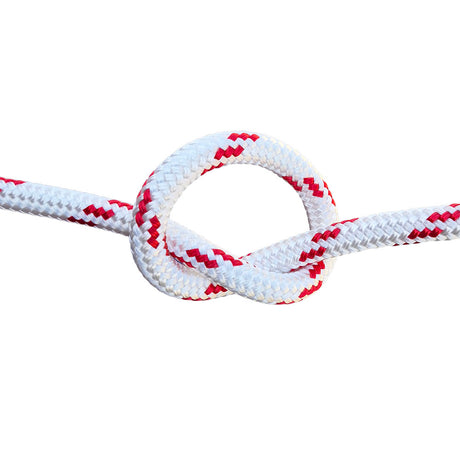 White with red fleck braided polyester rope in a knotwith a white background.