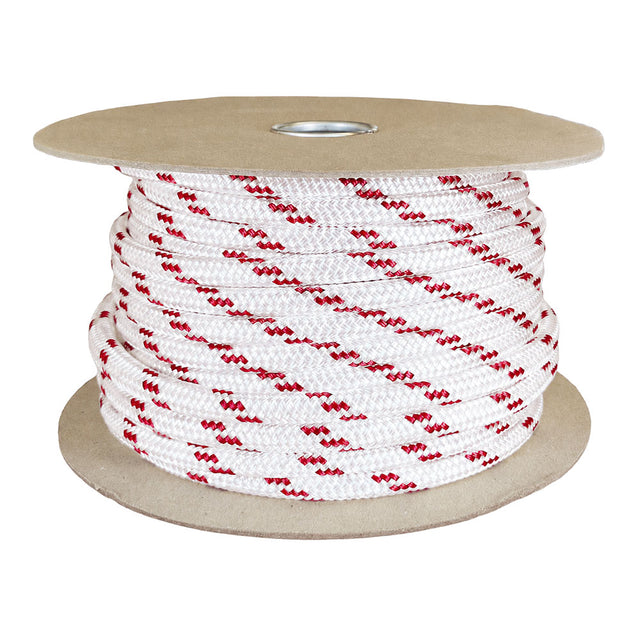 Spool of white rope with red pattern on a cardboard reel