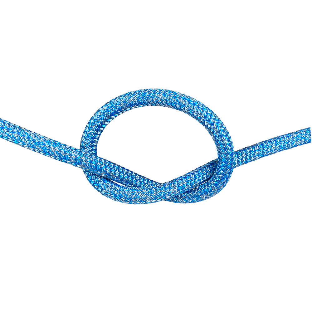 Close-up of 10mm blue silver fleck Dyneema braid in a knot with a white background