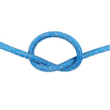 Close-up of 10mm blue silver fleck Dyneema braid in a knot with a white background