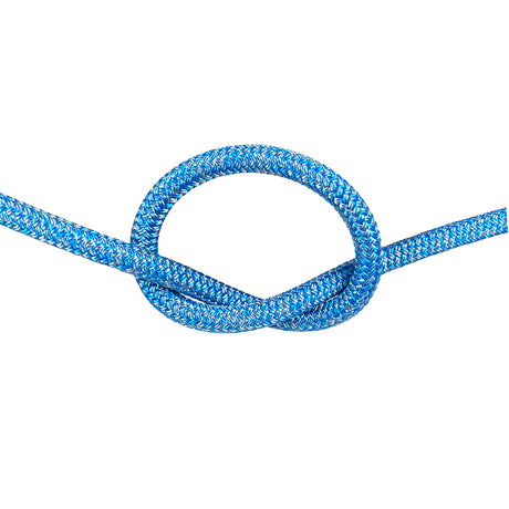 Close-up of 10mm blue silver fleck Dyneema braid in a knot with a white background