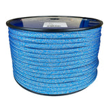 Spool of 10mm blue silver fleck Dyneema braid on a plastic reel with a white background