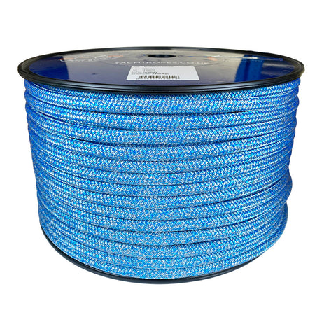Spool of 10mm blue silver fleck Dyneema braid on a plastic reel with a white background