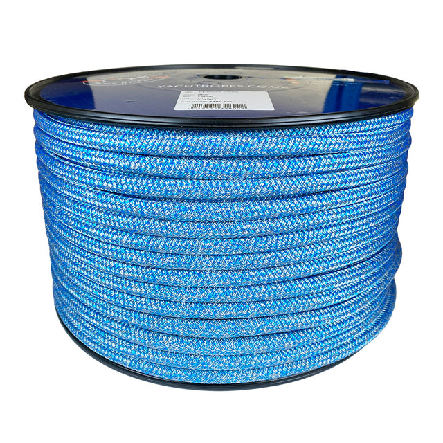 Spool of 10mm blue silver fleck Dyneema braid on a plastic reel with a white background