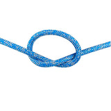 Close-up of 8mm blue silver fleck Dyneema braid in a knot with a white background