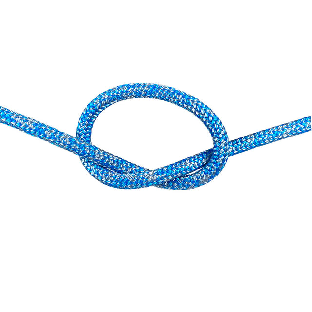 Close-up of 8mm blue silver fleck Dyneema braid in a knot with a white background