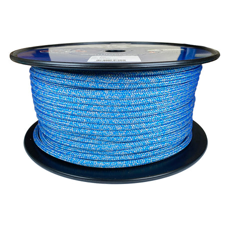 Spool of 8mm blue silver fleck Dyneema braid on a plastic reel with a white background