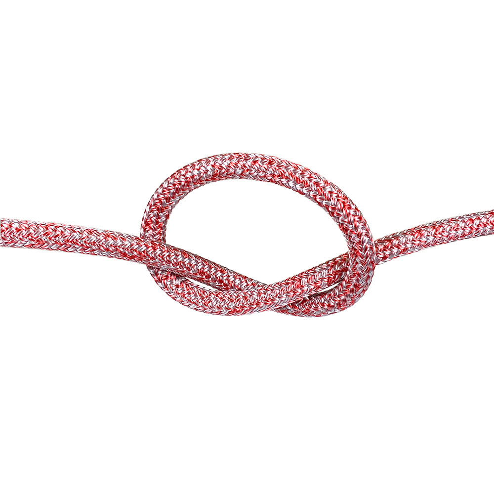 Close-up of 10mm red silver fleck Dyneema braid in a knot with a white background
