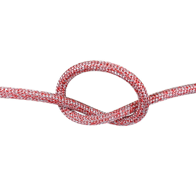 Close-up of 10mm red silver fleck Dyneema braid in a knot with a white background