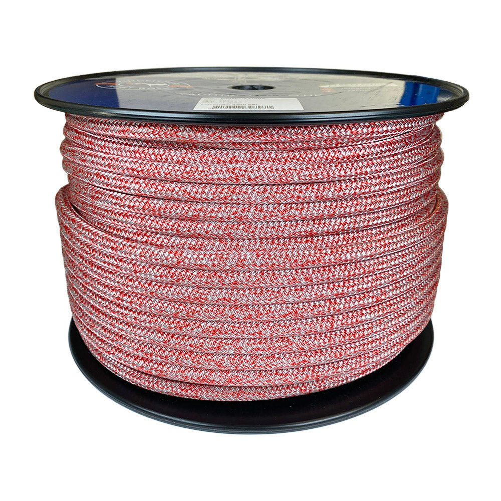 Spool of 10mm red silver fleck Dyneema braid on a plastic reel with a white background