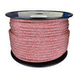 Spool of 10mm red silver fleck Dyneema braid on a plastic reel with a white background