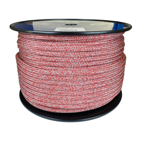 Spool of 10mm red silver fleck Dyneema braid on a plastic reel with a white background