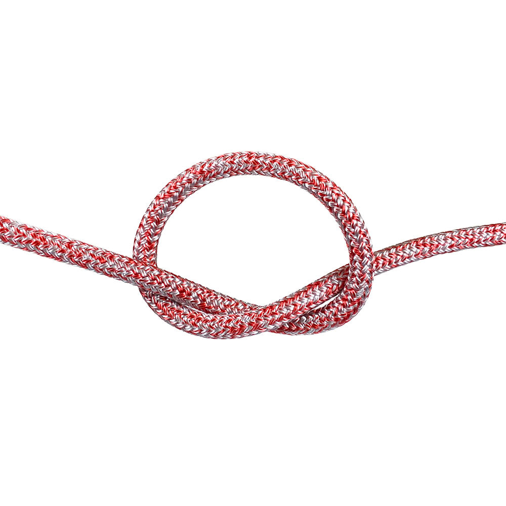Close-up of 8mm red silver fleck Dyneema braid in a knot with a white background