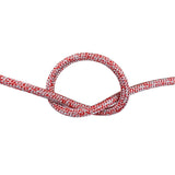 Close-up of 8mm red silver fleck Dyneema braid in a knot with a white background