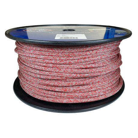 Spool of 8mm red silver fleck Dyneema braid on a plastic reel with a white background