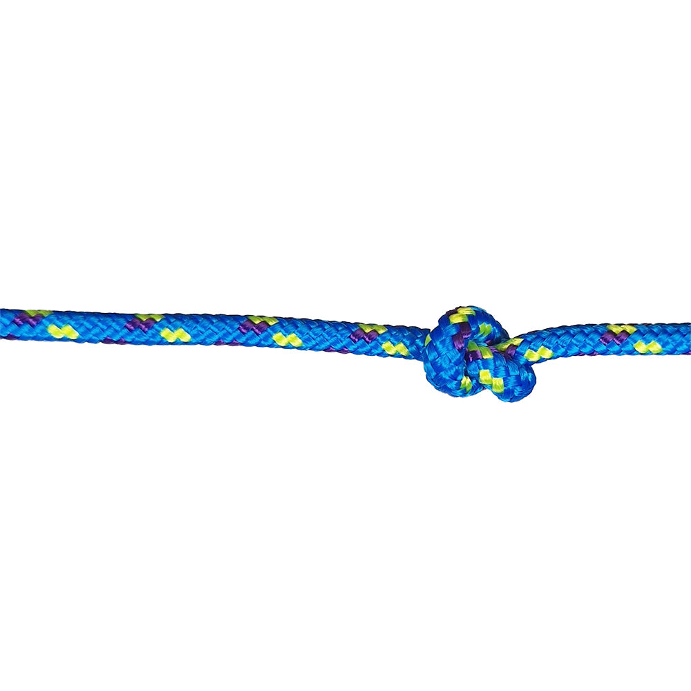 Blue rope with a knot on a white background