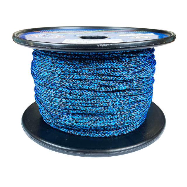 Spool of 3mm blue black fleck dyneema braid on a plastic spool with a white background