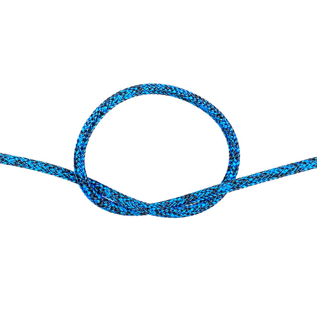 4mm blue braided dyneema rope with a knot on a white background