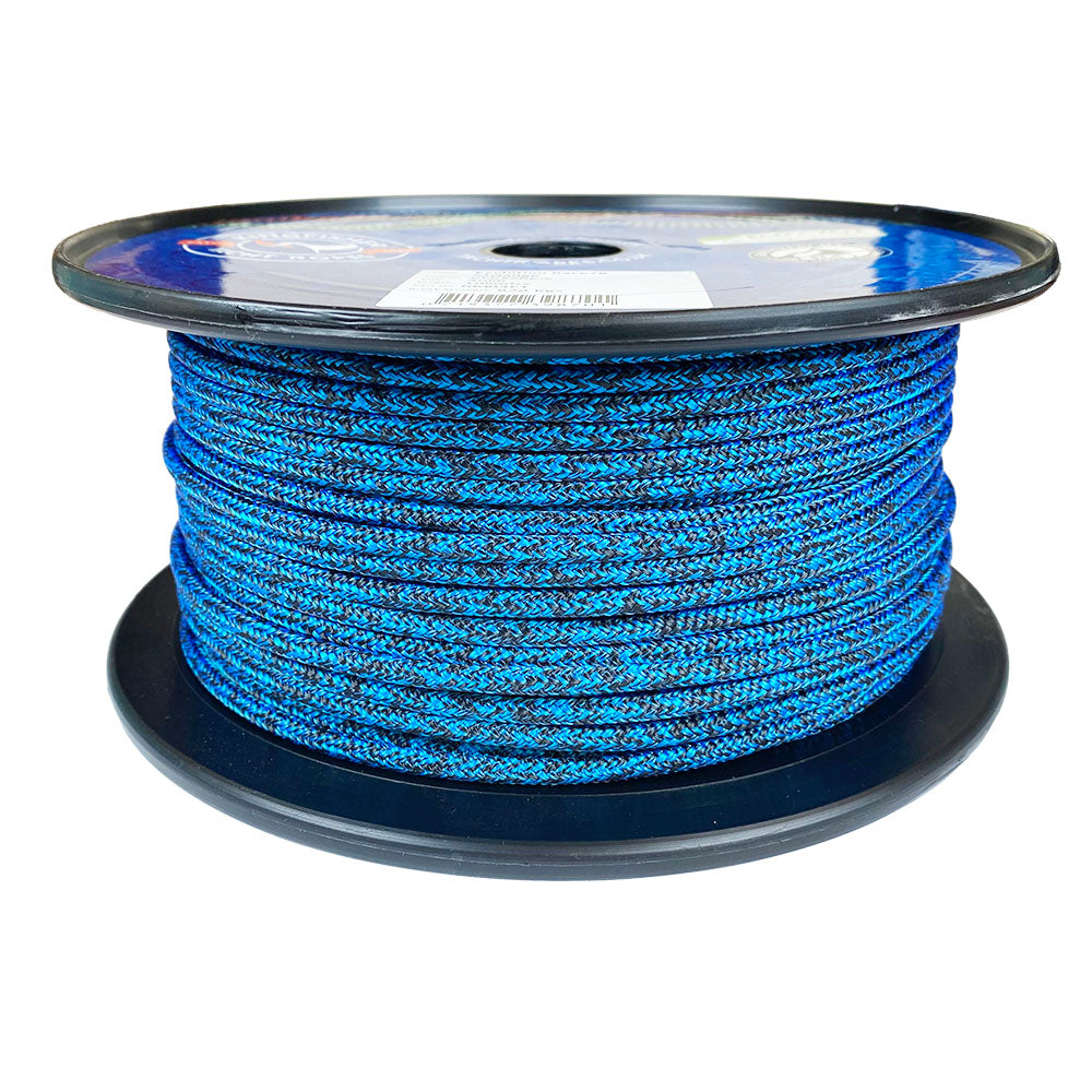 Spool of 4mm blue black fleck dyneema braid on a plastic spool with a white background