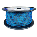 Spool of 4mm blue black fleck dyneema braid on a plastic spool with a white background